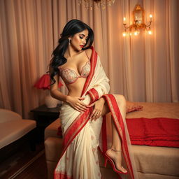 A sensual scene featuring a Thailand adult film performer, showcasing alluring curves adorned in a delicate bra, elegantly draped in a cream and red muga chadar, with a matching mekhela, red blouse, and high heels, sharing an intimate moment with her partner in an oyo room