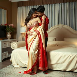 A sensual scene featuring a Thailand adult film performer, showcasing alluring curves adorned in a delicate bra, elegantly draped in a cream and red muga chadar, with a matching mekhela, red blouse, and high heels, sharing an intimate moment with her partner in an oyo room