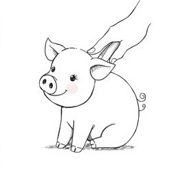 A charming black and white drawing featuring a cute pig being lovingly stroked