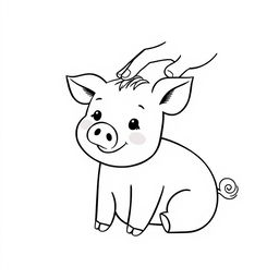 A charming black and white drawing featuring a cute pig being lovingly stroked