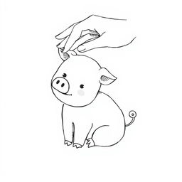 A charming black and white drawing featuring a cute pig being lovingly stroked