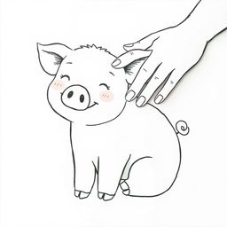 A charming black and white drawing featuring a cute pig being lovingly stroked