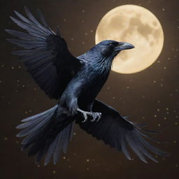 A celestial crow with glossy black feathers tipped with shimmering gold, majestically soaring through a starlit sky.