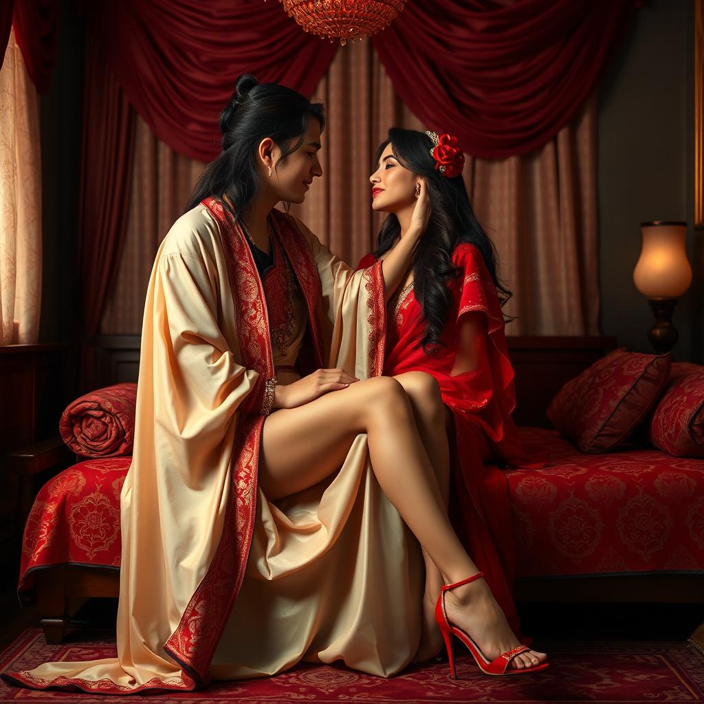 A sensuous portrayal of a Thailand adult film star, wearing a luxurious muga chadar with cream and red hues, paired with a red mekhela and blouse, and high heels