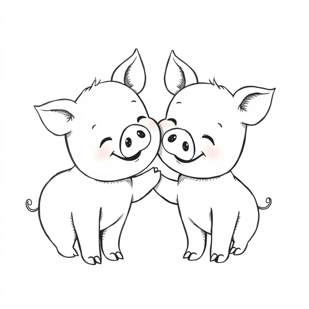 A delightful black and white drawing depicting two piglets in a heartwarming scene