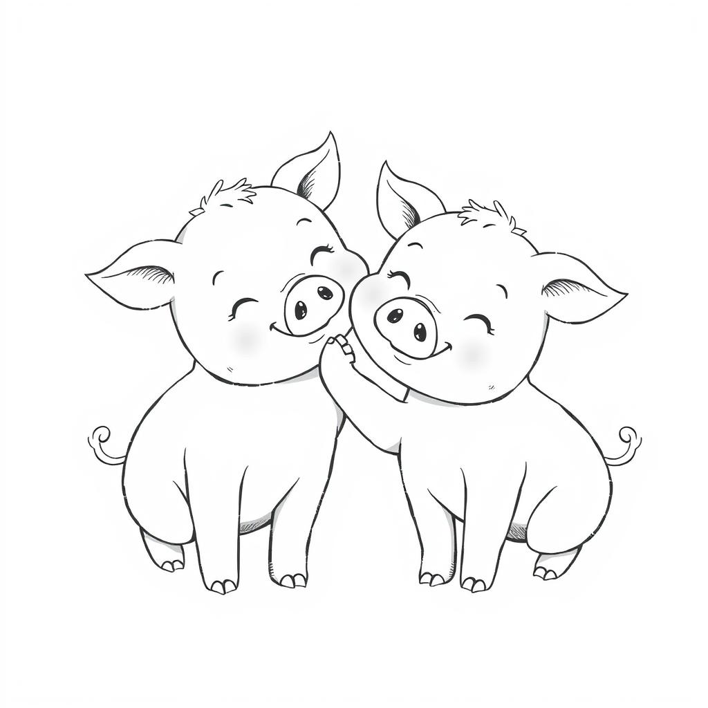 A delightful black and white drawing depicting two piglets in a heartwarming scene