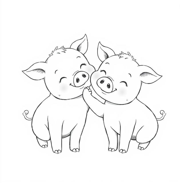 A delightful black and white drawing depicting two piglets in a heartwarming scene