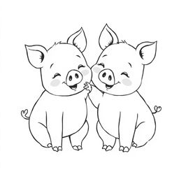 A delightful black and white drawing depicting two piglets in a heartwarming scene