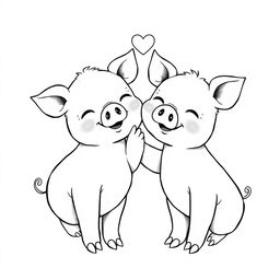 A delightful black and white drawing depicting two piglets in a heartwarming scene