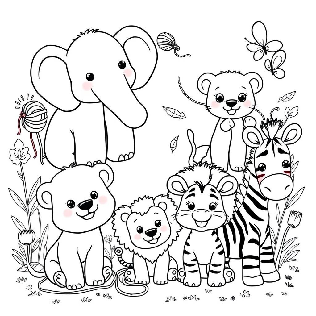 a collection of cute children-friendly animal illustrations in black and white, designed for coloring