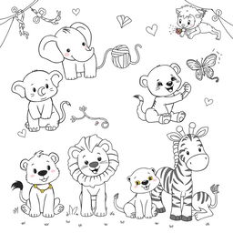 a collection of cute children-friendly animal illustrations in black and white, designed for coloring