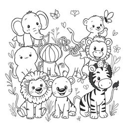 a collection of cute children-friendly animal illustrations in black and white, designed for coloring