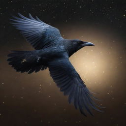 A celestial crow with glossy black feathers tipped with shimmering gold, majestically soaring through a starlit sky.