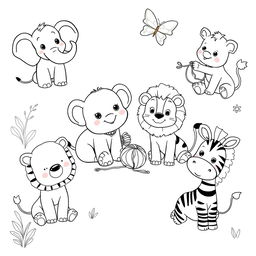 a collection of cute children-friendly animal illustrations in black and white, designed for coloring