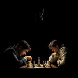 Promotional movie poster depicting a realistic scene of two individuals intensely focused on a chess game in the lower part of the image