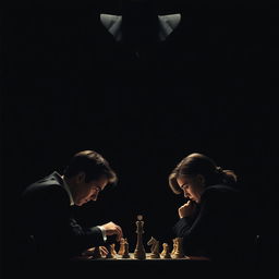 Promotional movie poster depicting a realistic scene of two individuals intensely focused on a chess game in the lower part of the image