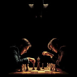 Promotional movie poster depicting a realistic scene of two individuals intensely focused on a chess game in the lower part of the image