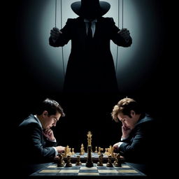 Promotional movie poster depicting a realistic scene of two individuals intensely focused on a chess game in the lower part of the image