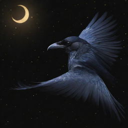 A celestial crow with glossy black feathers tipped with shimmering gold, majestically soaring through a starlit sky.