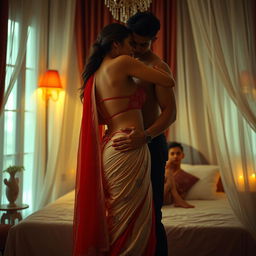 A sensual and intimate depiction of a Thailand adult film star with alluring curves, featuring a bra and a traditional muga chadar in cream and red hues, paired with a red mekhela and high heels