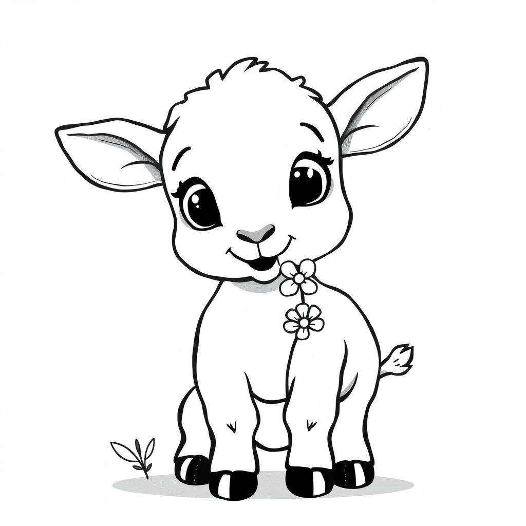 A delightful black and white drawing of a little goat nibbling on a flower