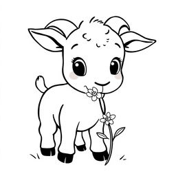 A delightful black and white drawing of a little goat nibbling on a flower