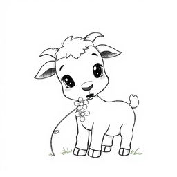 A delightful black and white drawing of a little goat nibbling on a flower