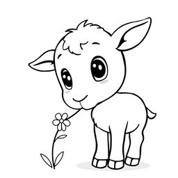 A delightful black and white drawing of a little goat nibbling on a flower