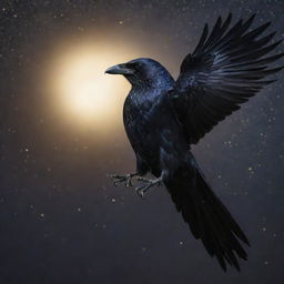 A celestial crow with glossy black feathers tipped with shimmering gold, majestically soaring through a starlit sky.