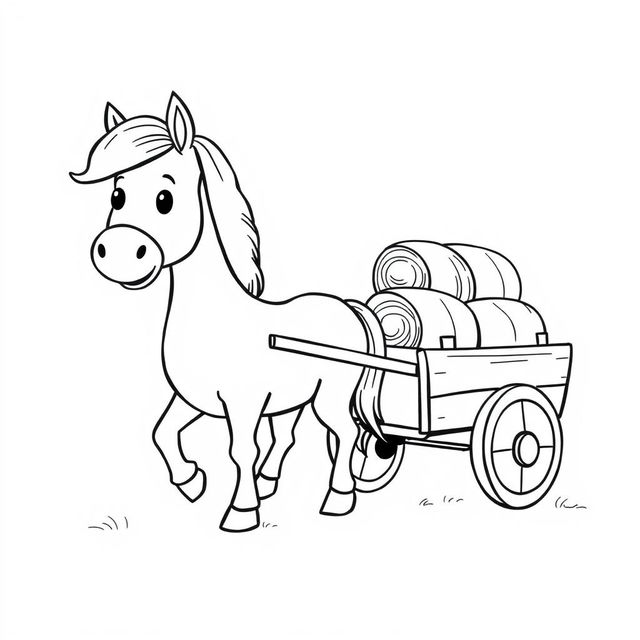 A delightful black and white drawing of a horse pulling a cart full of hay on a farm, set against a white background