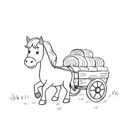 A delightful black and white drawing of a horse pulling a cart full of hay on a farm, set against a white background