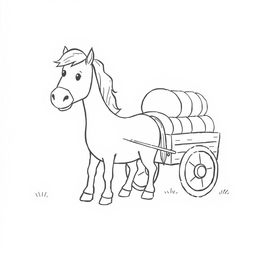 A delightful black and white drawing of a horse pulling a cart full of hay on a farm, set against a white background