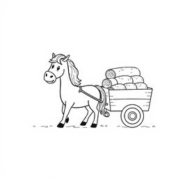 A delightful black and white drawing of a horse pulling a cart full of hay on a farm, set against a white background