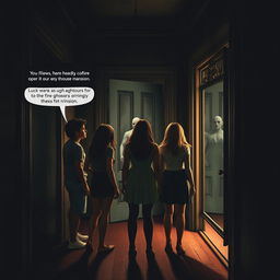 A dramatic scene where five friends, Lucas, Ana, Rafael, Clara, and Pedro, experience their first encounter with the supernatural in a dark, eerie hallway of a haunted mansion