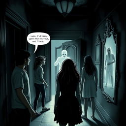 A dramatic scene where five friends, Lucas, Ana, Rafael, Clara, and Pedro, experience their first encounter with the supernatural in a dark, eerie hallway of a haunted mansion