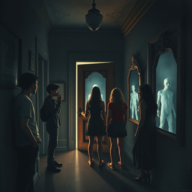 A dramatic scene where five friends, Lucas, Ana, Rafael, Clara, and Pedro, experience their first encounter with the supernatural in a dark, eerie hallway of a haunted mansion