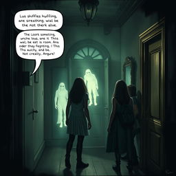 A dramatic scene where five friends, Lucas, Ana, Rafael, Clara, and Pedro, experience their first encounter with the supernatural in a dark, eerie hallway of a haunted mansion