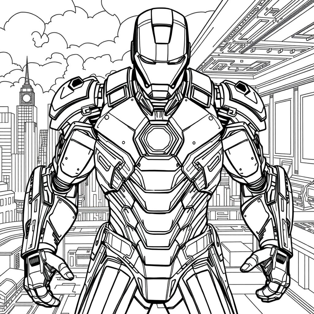 Intricate line-art page featuring Iron Man in a powerful pose revealing his fully armored suit