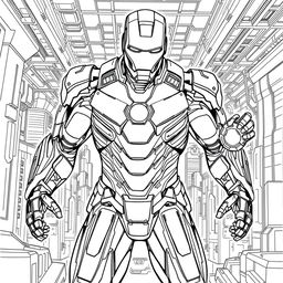 Intricate line-art page featuring Iron Man in a powerful pose revealing his fully armored suit