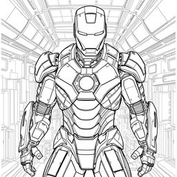 Intricate line-art page featuring Iron Man in a powerful pose revealing his fully armored suit