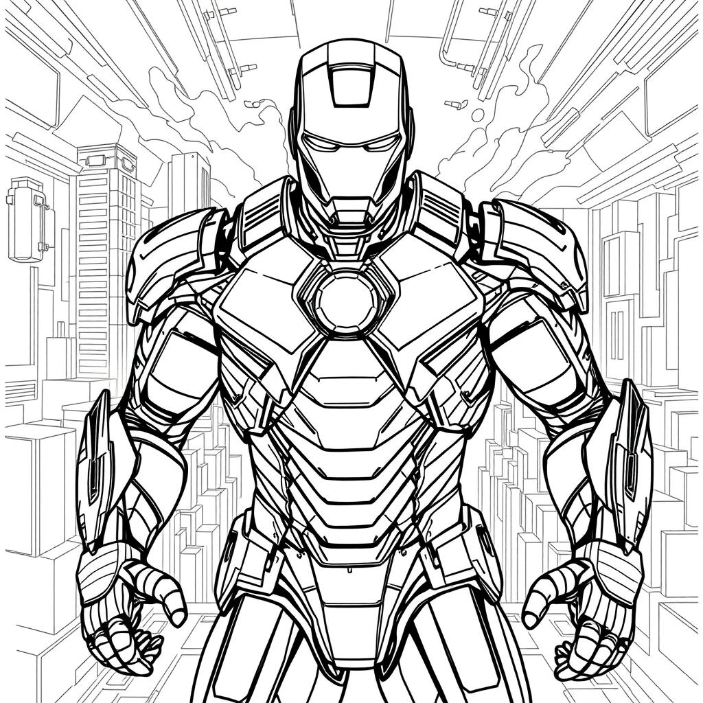 Intricate line-art page featuring Iron Man in a powerful pose revealing his fully armored suit