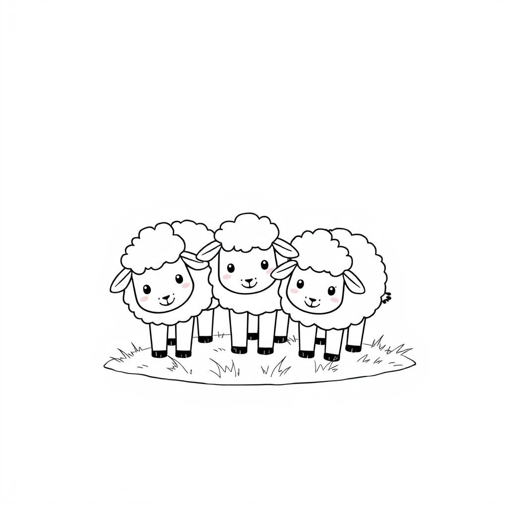 A charming black and white drawing of cute sheep grazing together, designed to appeal to children