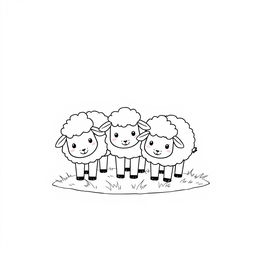 A charming black and white drawing of cute sheep grazing together, designed to appeal to children