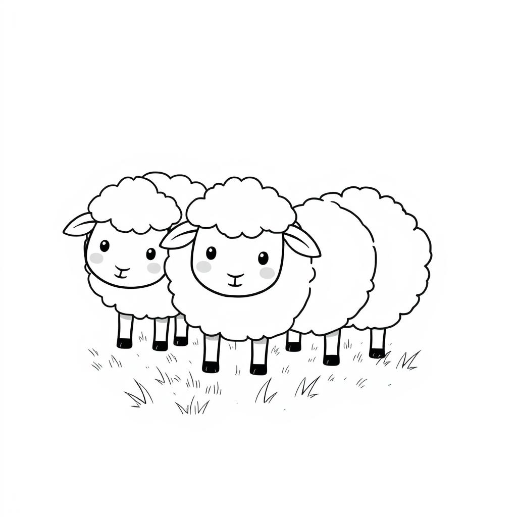 A charming black and white drawing of cute sheep grazing together, designed to appeal to children