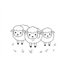 A charming black and white drawing of cute sheep grazing together, designed to appeal to children