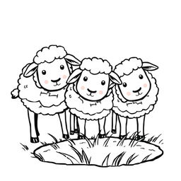 A charming black and white drawing of cute sheep grazing together, designed to appeal to children