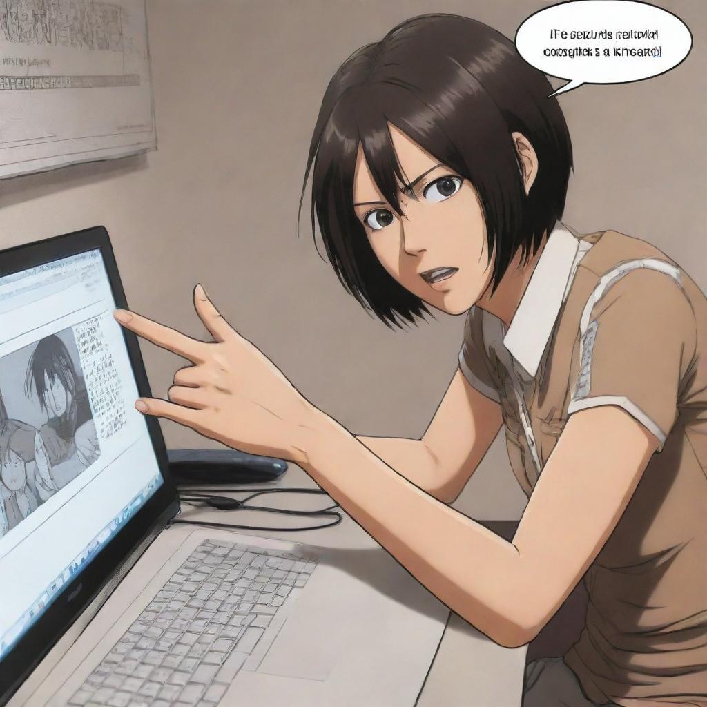 A comic-style image of Mikasa Ackerman from Attack on Titan sitting at a computer, her hand on a mouse as she clicks a button leading to a large 'Boom!' sound effect, causing startled reactions from nearby people.
