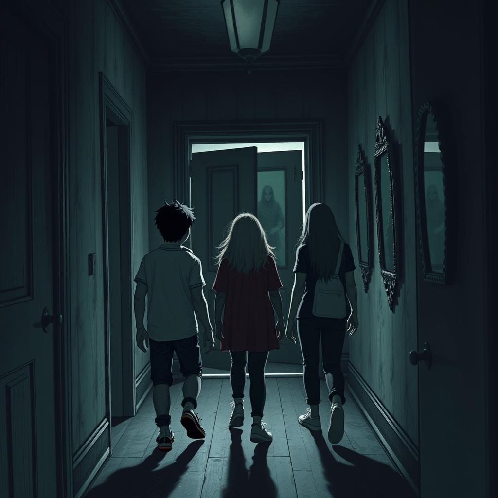 A mysterious scene where five friends, Lucas, Ana, Rafael, Clara, and Pedro, nerdy enthusiasts of games and RPGs, experience their first supernatural encounter in a dimly-lit corridor of a haunted mansion