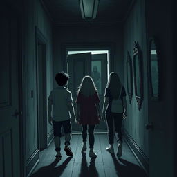 A mysterious scene where five friends, Lucas, Ana, Rafael, Clara, and Pedro, nerdy enthusiasts of games and RPGs, experience their first supernatural encounter in a dimly-lit corridor of a haunted mansion