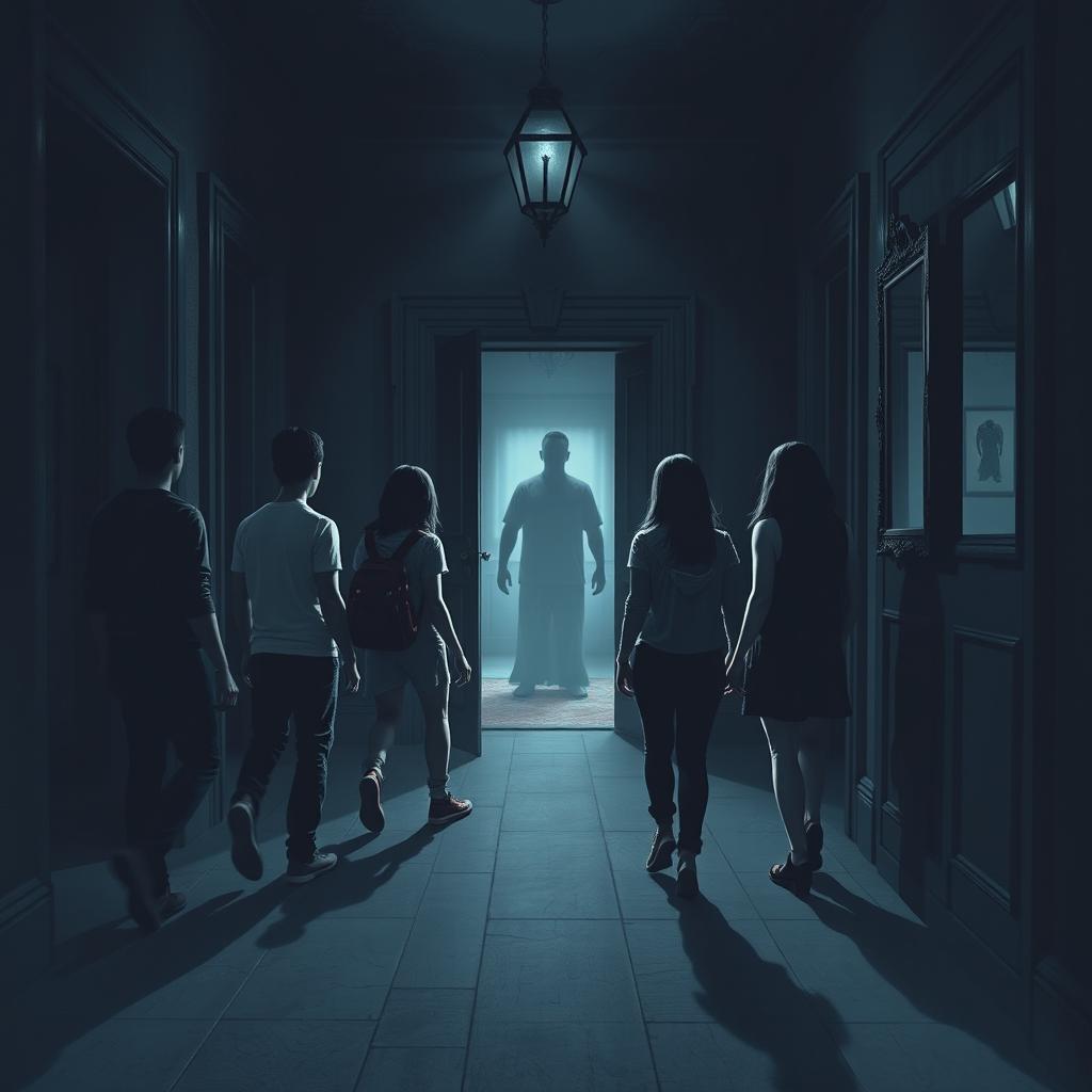 A mysterious scene where five friends, Lucas, Ana, Rafael, Clara, and Pedro, nerdy enthusiasts of games and RPGs, experience their first supernatural encounter in a dimly-lit corridor of a haunted mansion